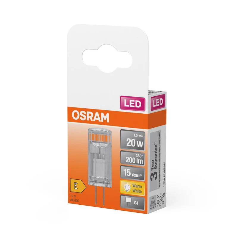 Lampe LED OSRAM à culot à broches PIN 12 V 1,5 W 827 Clear G4, 200 lm, 2700 K, blanc chaud
