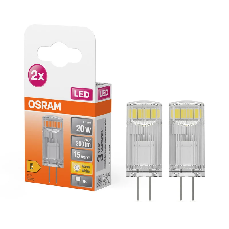 Lampe LED OSRAM à culot à broches PIN 12 V 1,5 W 827 Clear G4, lot de 2, 200 lm, 2700 K, blanc chaud, lot de 2