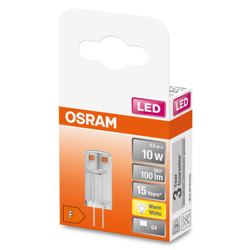 Lampe LED OSRAM à culot à broches PIN 12 V 0,9 W 827 Clear G4, 100 lm, 2700 K, blanc chaud