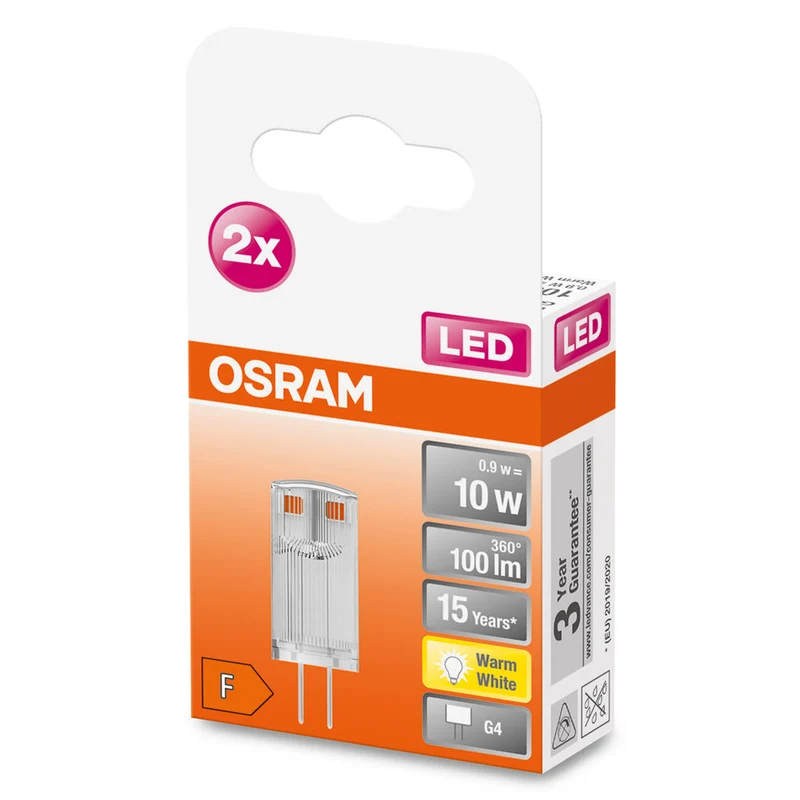 Lampe LED OSRAM à culot à broches PIN 12 V 0,9 W 827 Clear G4, lot de 2, 100 lm, 2700 K, blanc chaud