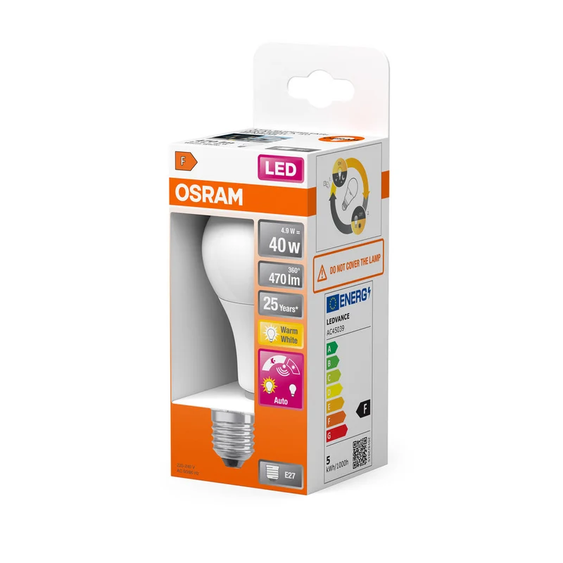Lampe LED OSRAM DAYLIGHT SENSOR CLASSIC A 4,9 W 827 givrée E27, 470 lm, 2700 K, blanc chaud