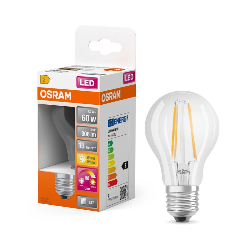 Lampe LED OSRAM CLASSIC A GLOWdim 7 W 822…827 E27, 806 lm, 2 200…2 700 K, blanc chaud réglable