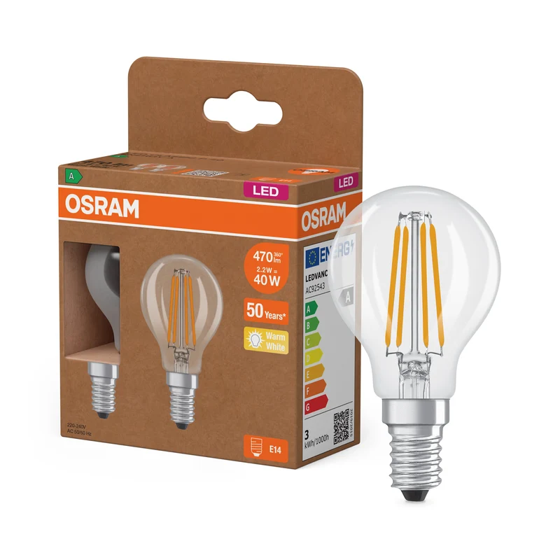 Lampe LED OSRAM Energy Class, 2,2 W, transparente, EEK A, 470 lm, E14, blanc chaud