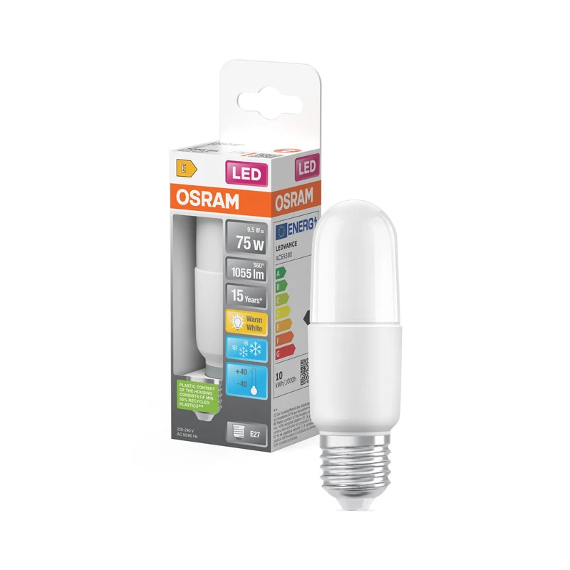 Lampe LED OSRAM LED STAR STICK 9,5 W 827 Frosted E27 Ice, 1055 lm, 2700 K, blanc chaud