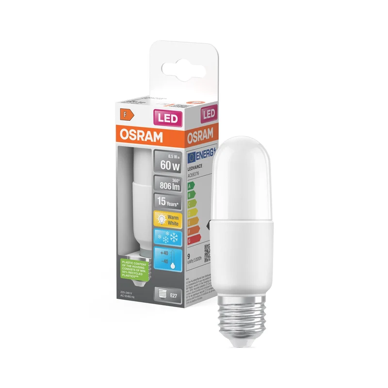 Lampe LED OSRAM LED STAR STICK 8,5W 827 Frosted E27 blanc froid, 806 lm, 2700 K, blanc chaud