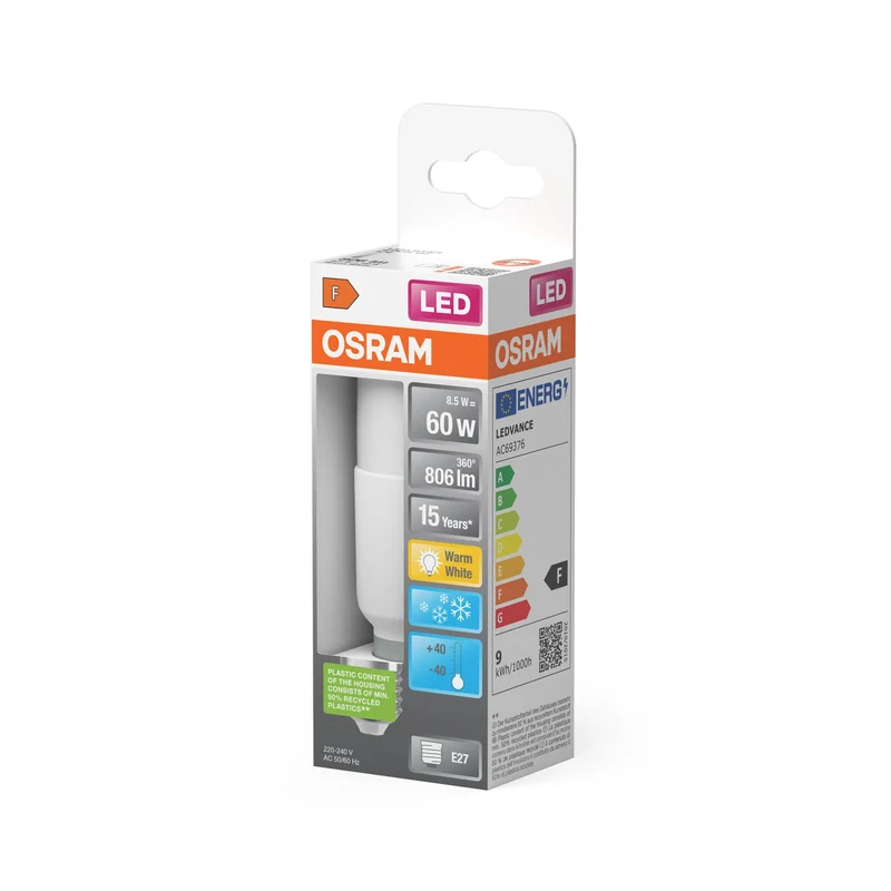Lampe LED OSRAM LED STAR STICK 8,5W 827 Frosted E27 blanc froid, 806 lm, 2700 K, blanc chaud