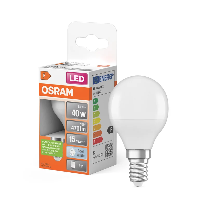 Lampe LED OSRAM LED STAR CLASSIC P 4,9W 840 Givrée E14, 470 lm, 4000 K, blanc froid