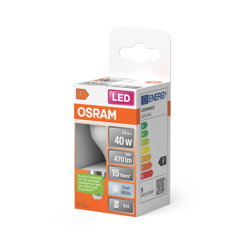 Lampe LED OSRAM LED STAR CLASSIC P 4,9W 840 Givrée E14, 470 lm, 4000 K, blanc froid