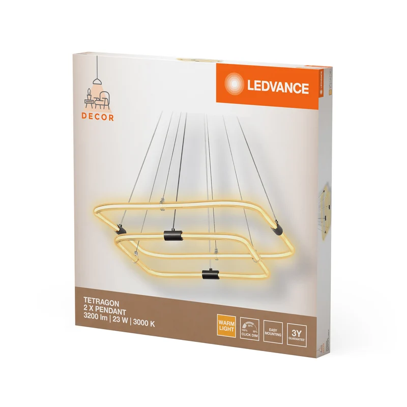 Suspension LEDVANCE DECOR Tetragon, 23 W, 3 000 K, 2 500 lm, blanc chaud, Click DIM