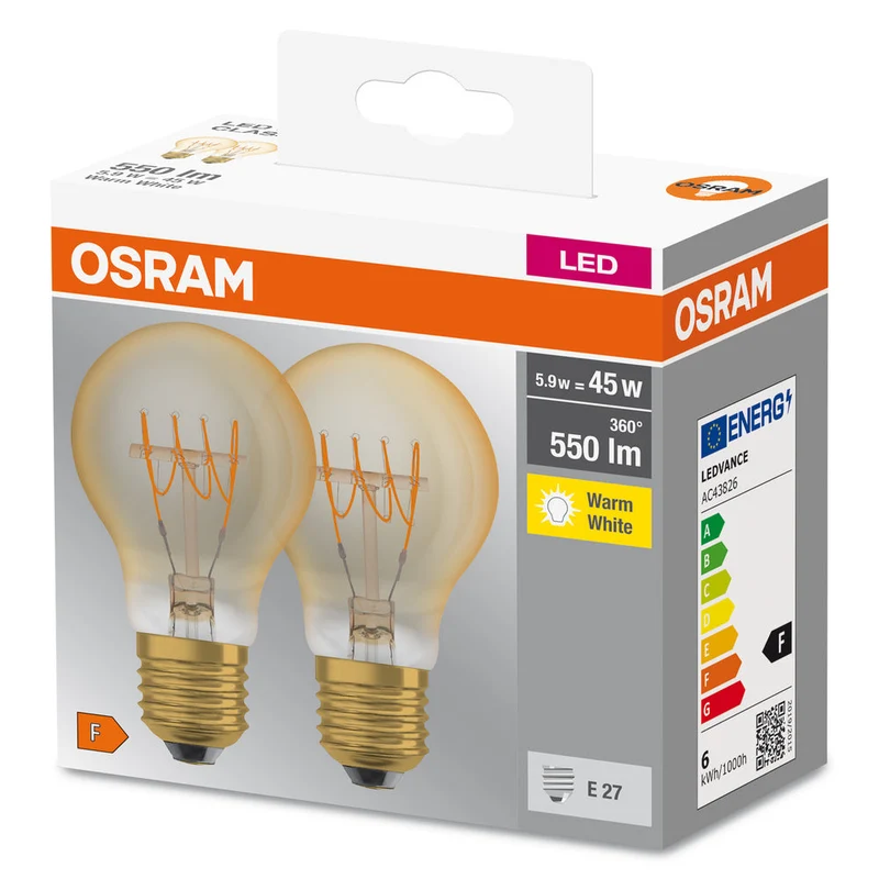 OSRAM LED Base Classic A 45 Filament Rétro 5.9W 827 E27 2 pièces, Blanc chaud