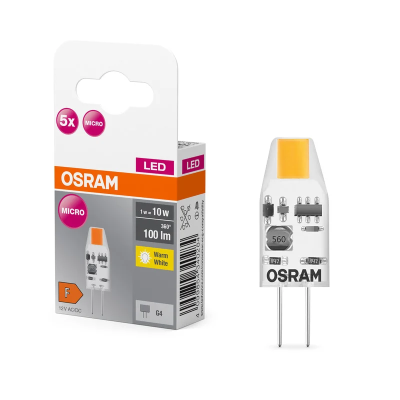 OSRAM lampe à broche LED lampe PIN blanc chaud clair, 12 V, 1 W, 27000 K, G4 pack de 5