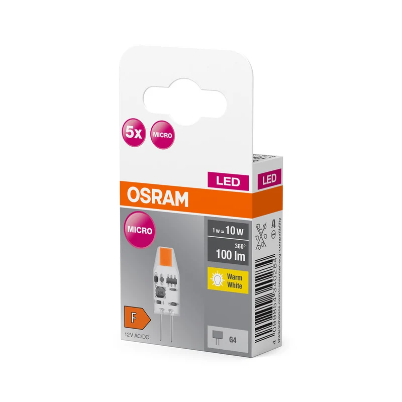 OSRAM lampe à broche LED lampe PIN blanc chaud clair, 12 V, 1 W, 27000 K, G4 pack de 5