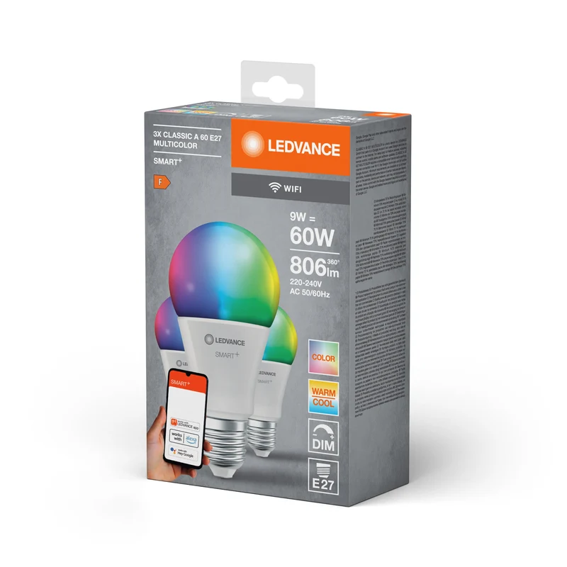 LEDVANCE WIFI SMART+ lampe LED, givrée, RVB, 9W, 806lm, E27, pack de 3