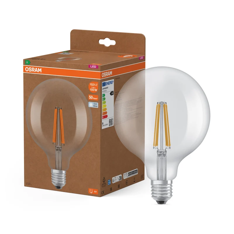 OSRAM lampe globe LED avec filament EEK A, E27, 7.2W, 470lm, blanc froid