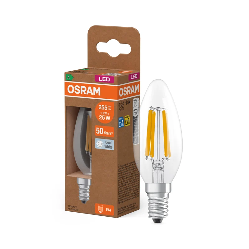 OSRAM lampe LED bougie + filament EEK A, E14, 1.2W, 255lm, blanc froid