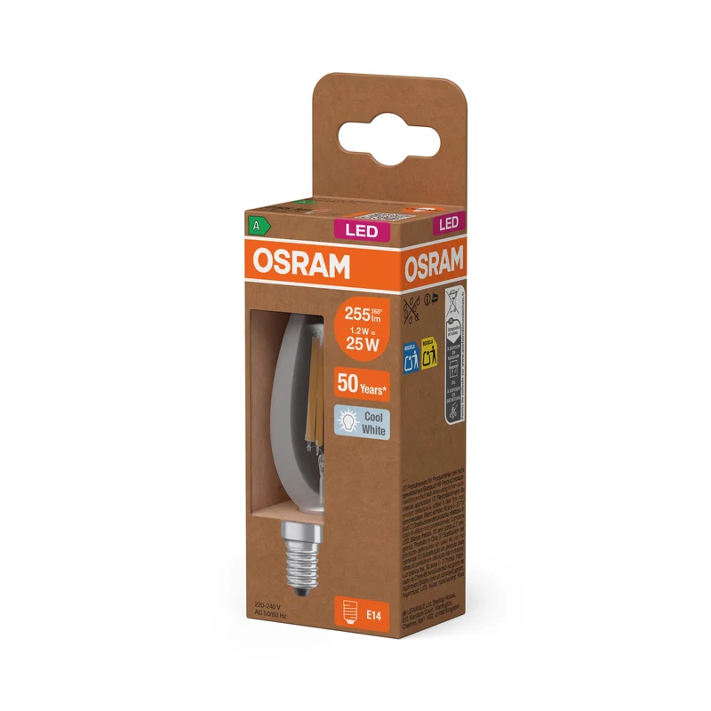 OSRAM lampe LED bougie + filament EEK A, E14, 1.2W, 255lm, blanc froid