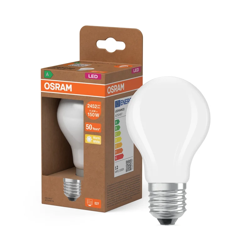 OSRAM Lampe LED classique mate à haute efficacité, 11.6W, 2452lm, E27, blanc chaud