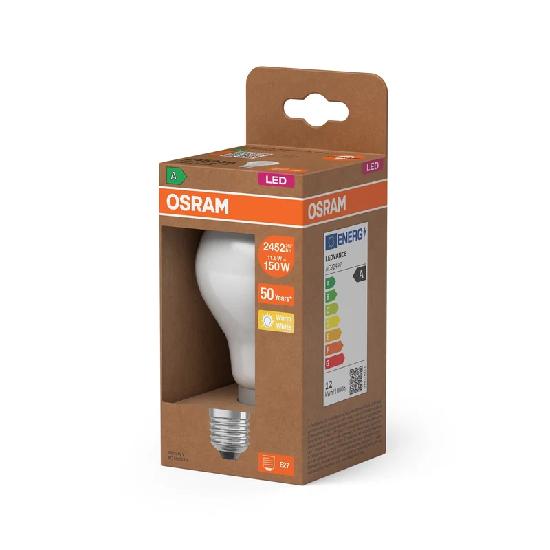 OSRAM Lampe LED classique mate à haute efficacité, 11.6W, 2452lm, E27, blanc chaud