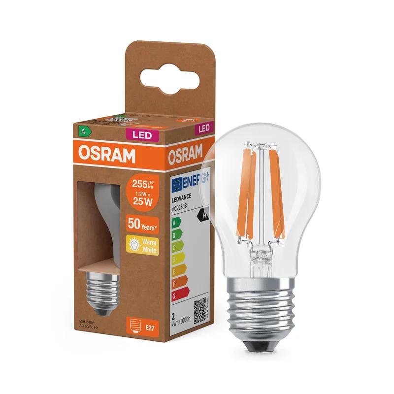 OSRAM lampe LED mini-boule avec filament EEK A, 1.2W, 2700K, blanc chaud, E27