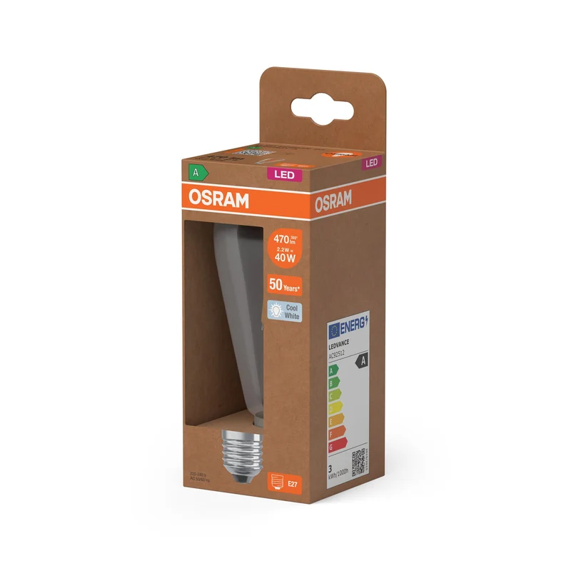 OSRAM lampe globe LED + filament EEK A, E27, 7.2W, 4000K, blanc froid