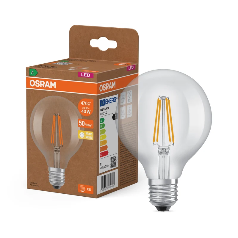 OSRAM lampe globe LED avec filament EEK A, E27, 5W, 95mm, blanc chaud