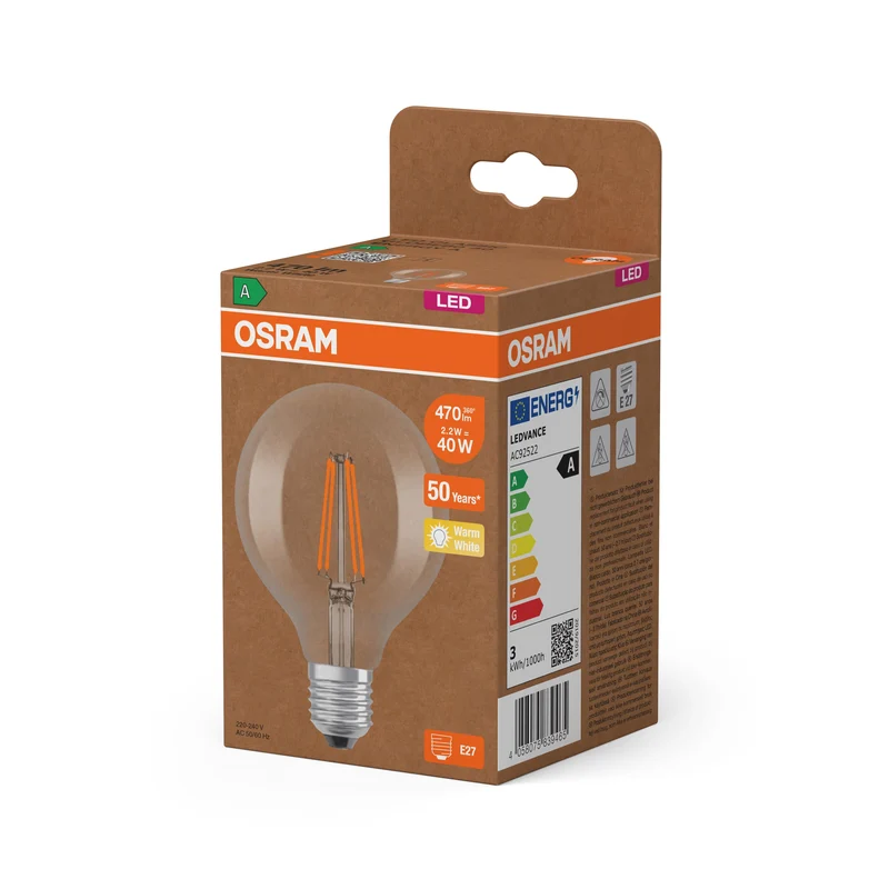 OSRAM lampe globe LED avec filament EEK A, E27, 5W, 95mm, blanc chaud