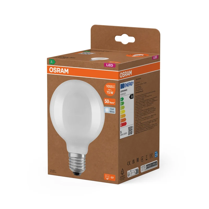 OSRAM lampe globe LED avec filament EEK A, E27, 5W, 1055lm, blanc froid