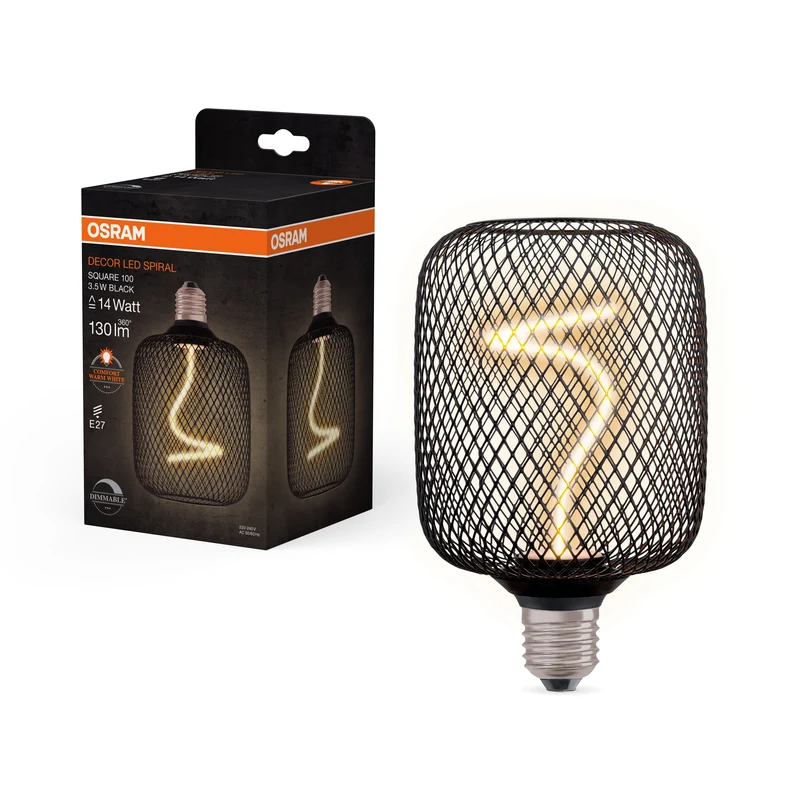 OSRAM DECOR LED Lampe à filament en spirale Carré, Noir, 3.5W, 130lm, Blanc chaud confortable, E27