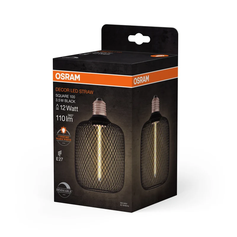 OSRAM DECOR LED Lampe à filament de paille Carré, Noir, 3.5W, 110lm, Blanc chaud confortable, E27