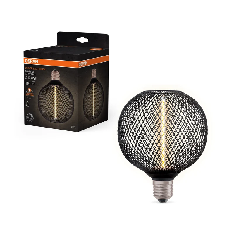 OSRAM DECOR LED Lampe à filament paille Globe, Noir, 3.5W, 110lm, Blanc chaud confortable, E27