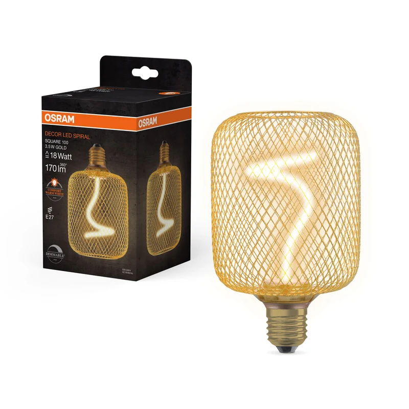 OSRAM DECOR LED Lampe à filament en spirale Carré, Or, 3.5W, 170lm, Blanc chaud confortable, E27