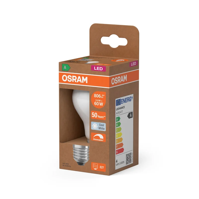 OSRAM Classe Énergie Ampoule LED, forme bulbe, 3.8W, givré, E27, blanc froid