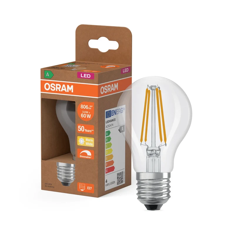 OSRAM Classe Énergie Ampoule LED, 3.8W, 806lm, Clair, E27, Blanc chaud