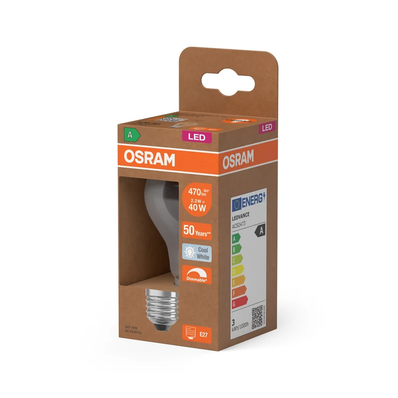 OSRAM Classe Énergie Ampoule LED, Forme Ampoule, 2.2W, Givré, E27, Blanc Froid