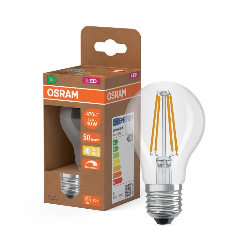 OSRAM Classe Énergie Ampoule LED, 2.2W, 470lm, Claire, E27, Blanc chaud