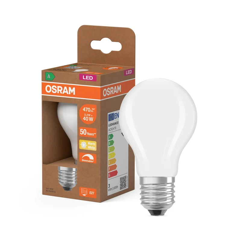 OSRAM Classe Énergie Ampoule LED, 2.2W, 470lm, Givré, E27, Blanc chaud