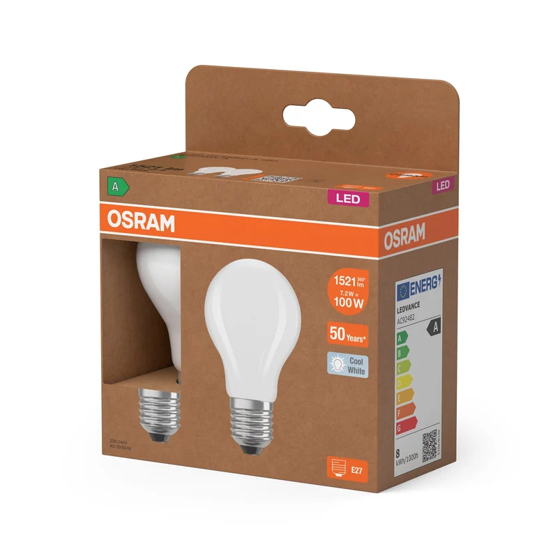 OSRAM Classe Énergie LED-Lampe, 7.2W, Givré, EEK A, Blanc Froid, Pack de 2, E27