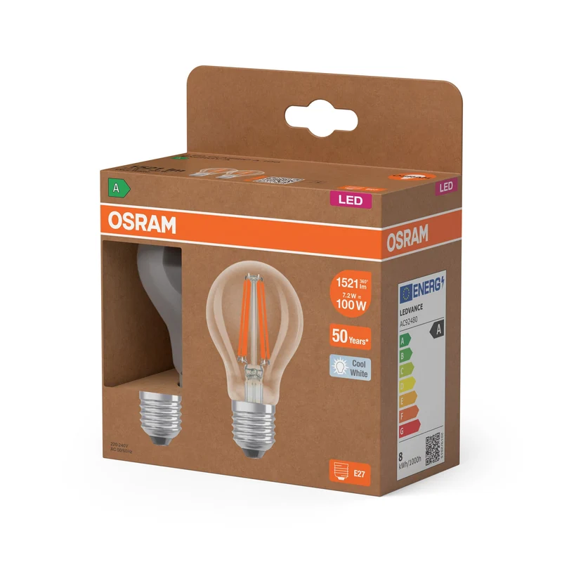 OSRAM Classe Énergie Ampoule LED, forme bulbe, 7.2W, claire, EEK A, blanc froid, E27