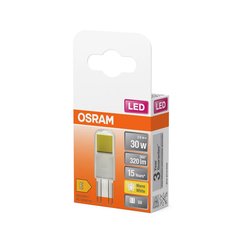 OSRAM LED lampe à broche PIN claire, 2.6W, 320lm, G9, 17 mm, blanc chaud