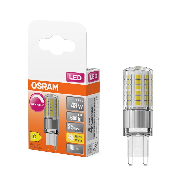 OSRAM LED- Lampe à douille à broche PIN claire, 4.4W, 600lm, G9, 18 mm, blanc chaud
