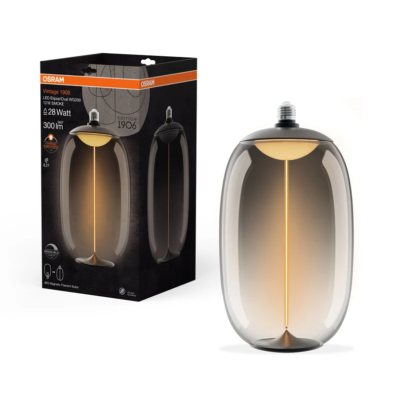 OSRAM Vintage 1906®LED GROSSE AMPOULE DÉCORATIVE AVEC FILAMENT - STYLE MAGNÉTIQUE LED-Lampe Fumé, dimmable, 12W, E27, OVALE ÉLLIPSE, Blanc chaud confortable