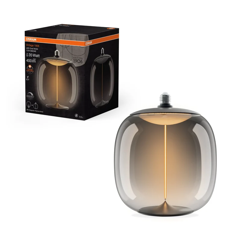 OSRAM Vintage 1906® Ampoule LED décorative grande avec filament - Style magnétique LED-Lampe Fumé, dimmable, 12W, 400lm, E27, OVALE, Blanc chaud confortable