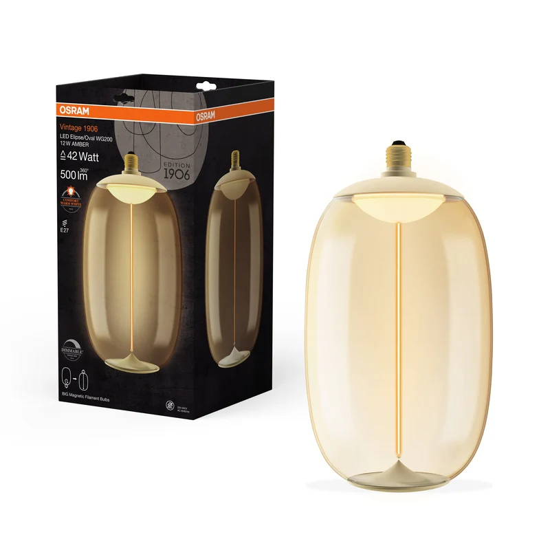 OSRAM Vintage 1906® Ampoule LED décorative grande avec filament - Style magnétique LED-Lampe Ambre, dimmable, 12W, E27, OVALE ÉLIPSE, Blanc chaud confortable