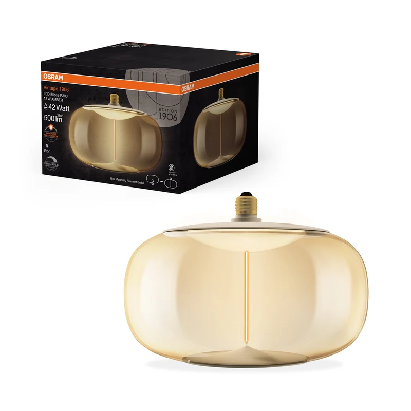 OSRAM Vintage 1906® Ampoule LED décorative grande avec filament - Style magnétique LED-Lampe Ambre, dimmable, 12W, E27, ELIPSE, Confort blanc chaud