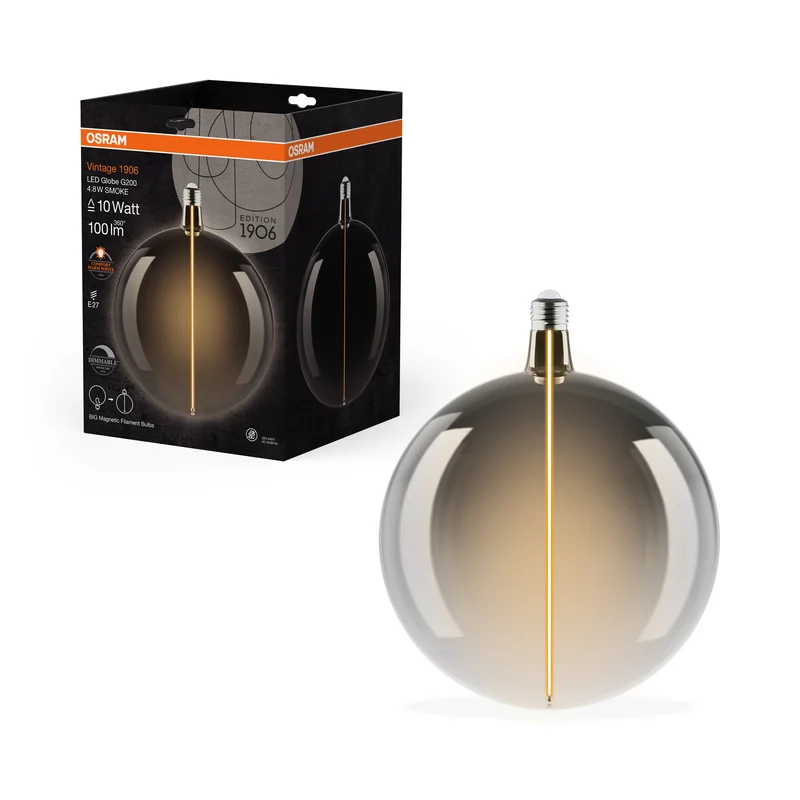 OSRAM Vintage 1906® Ampoule LED décorative grande avec filament - Style magnétique LED-Lampe Fumé, dimmable, 4.8W, E27, GLOBE, Blanc chaud confortable