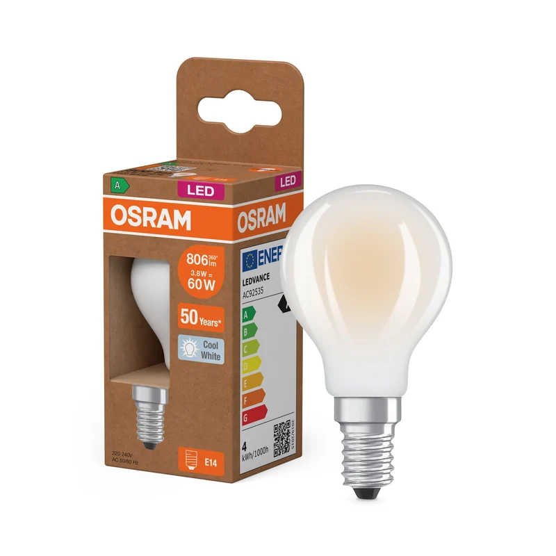 OSRAM Classe Énergie Ampoule LED, 3.8W, Givrée, EEK A, 806lm, Blanc Froid, E14