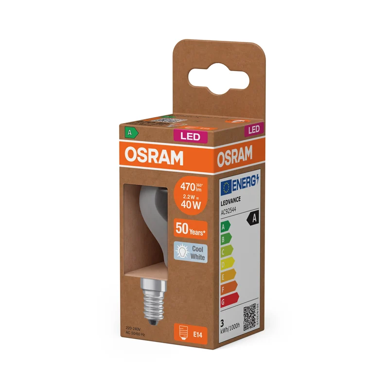 OSRAM Classe Énergie Ampoule LED, Miniboule, 2.2W, Clair, EEK A, Blanc Froid, E14