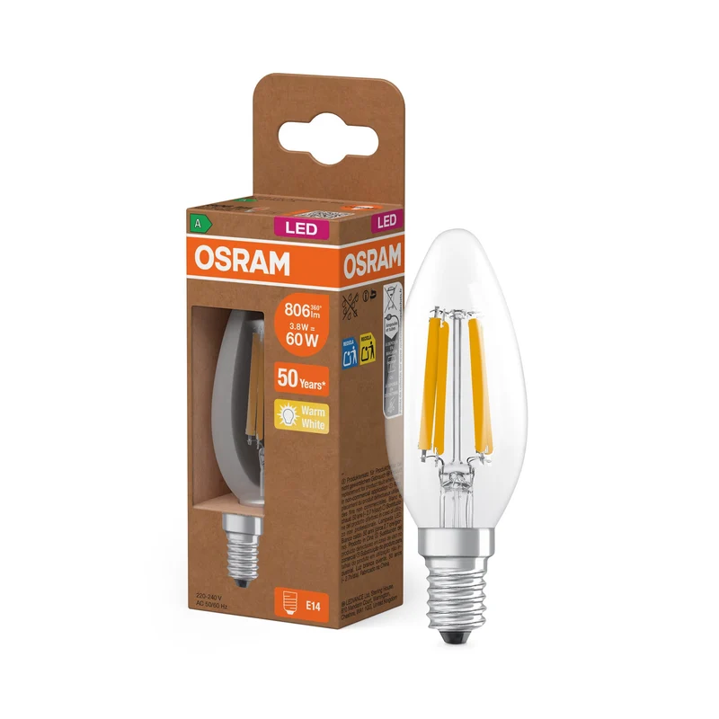 OSRAM Classe d'énergie Ampoule LED, Bougie, 3.8W, Clair, EEK A, E14, Blanc chaud