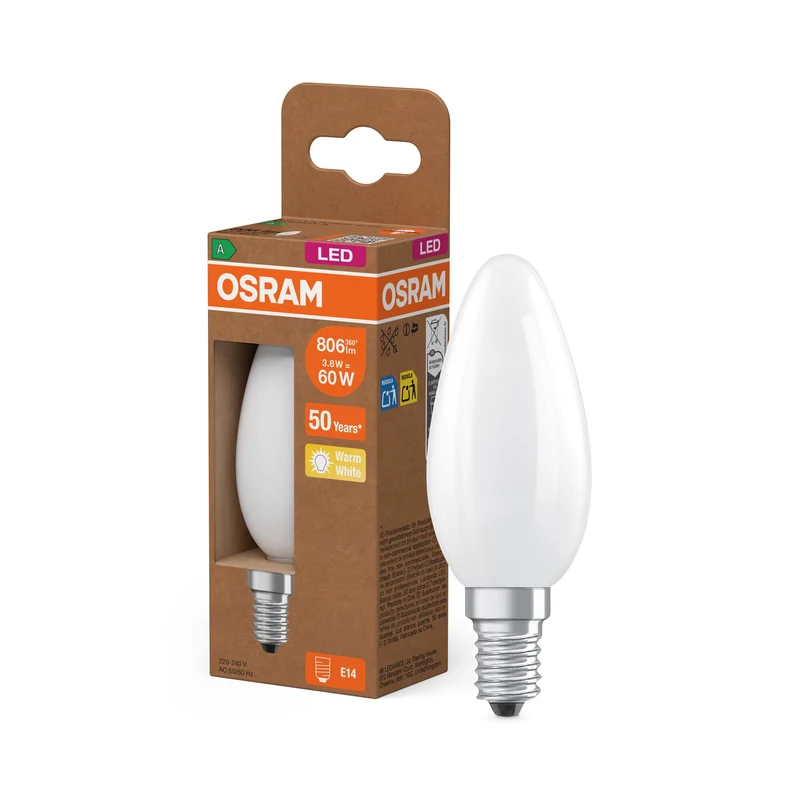 OSRAM Classe Énergie Ampoule LED, Bougie, 3.8W, Givré, EEK A, Blanc chaud, E14
