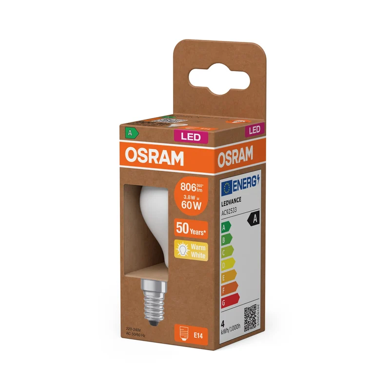 OSRAM Classe Énergie LED-Lampe, Miniball, 3.8W, Givré, EEK A, Blanc chaud, E14